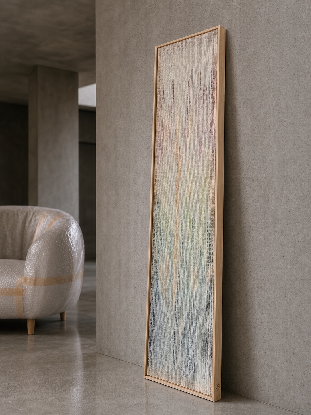 Gobelin Vitre w betonowym, minimalistycznym wnętrzu